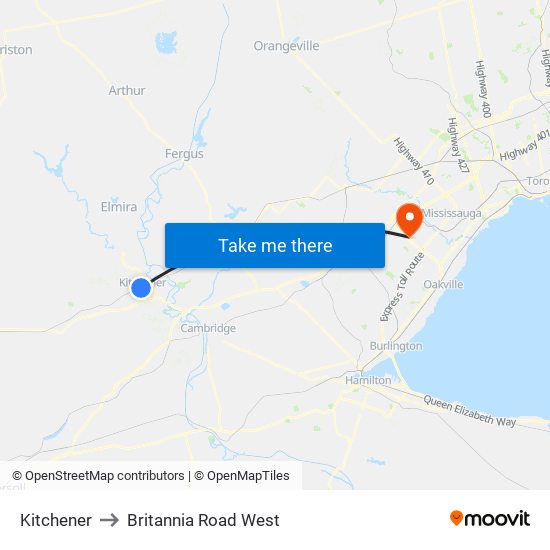 Kitchener to Britannia Road West map