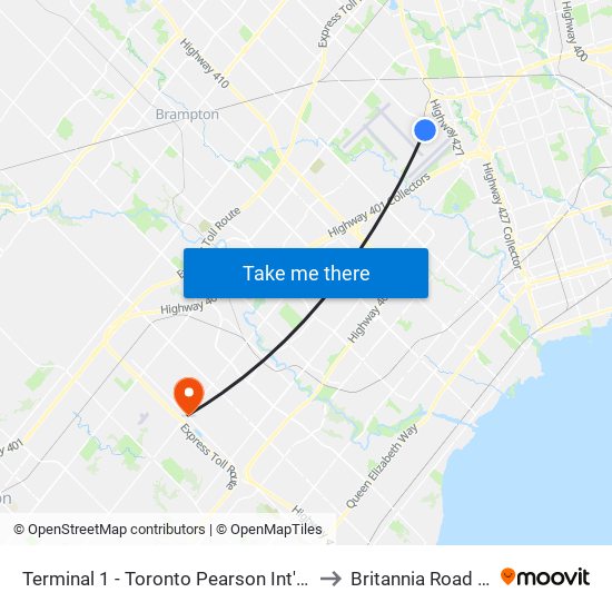 Terminal 1 - Toronto Pearson Int'L Airport to Britannia Road West map