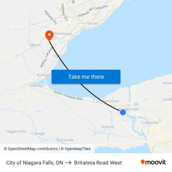 City of Niagara Falls, ON to Britannia Road West map