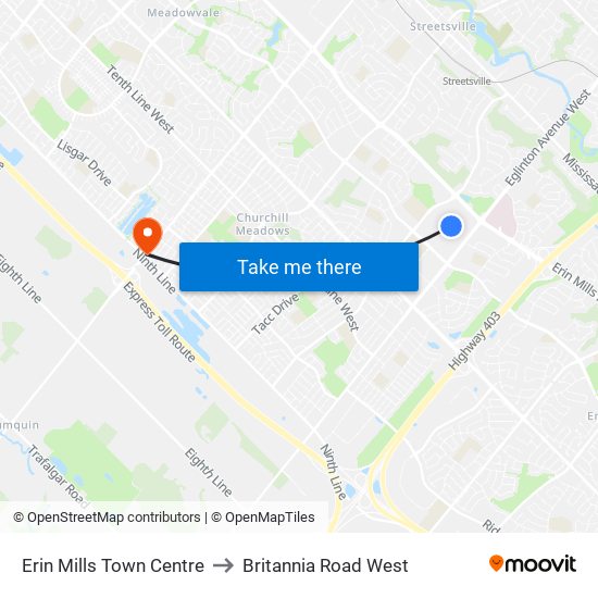 Erin Mills Town Centre to Britannia Road West map