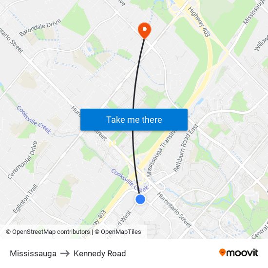 Mississauga to Kennedy Road map
