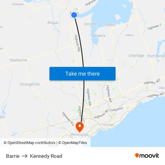 Barrie to Kennedy Road map