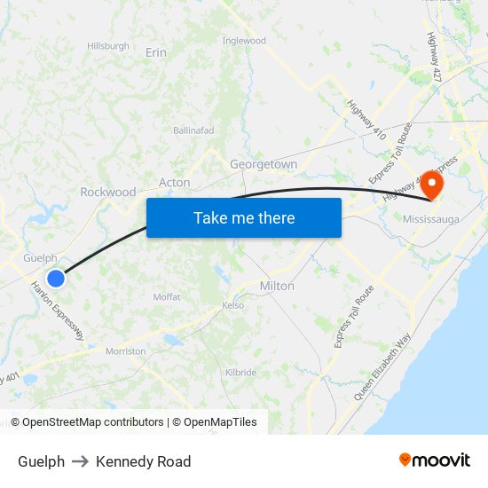 Guelph to Kennedy Road map