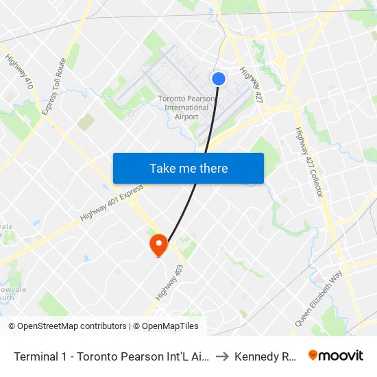 Terminal 1 - Toronto Pearson Int'L Airport to Kennedy Road map