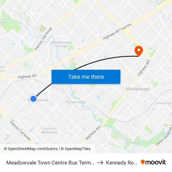 Meadowvale Town Centre Bus Terminal to Kennedy Road map