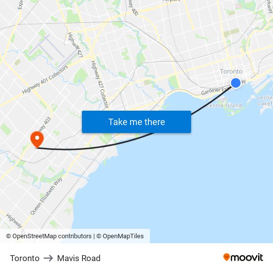 Toronto to Mavis Road map