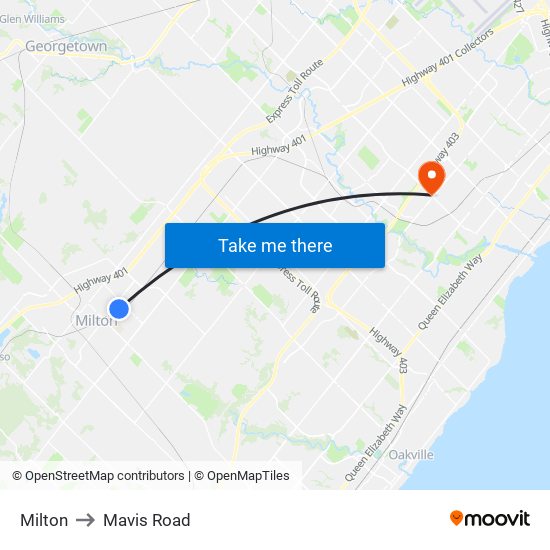 Milton to Mavis Road map