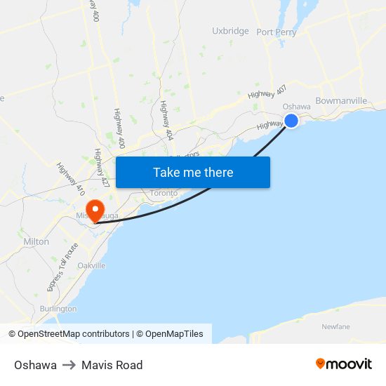 Oshawa to Mavis Road map