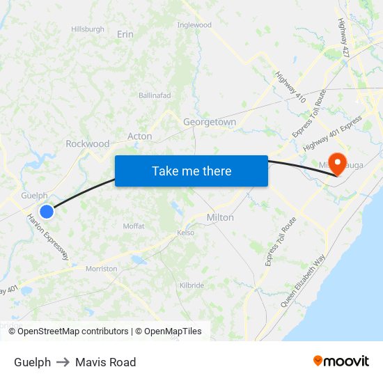 Guelph to Mavis Road map