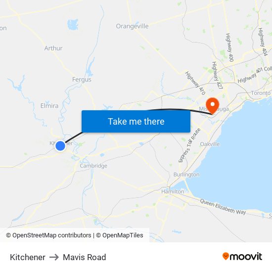 Kitchener to Mavis Road map