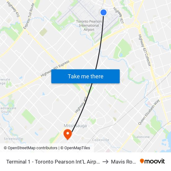Terminal 1 - Toronto Pearson Int'L Airport to Mavis Road map