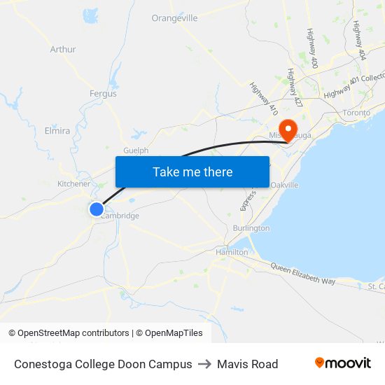 Conestoga College Doon Campus to Mavis Road map