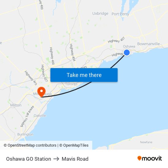 Oshawa GO Station to Mavis Road map
