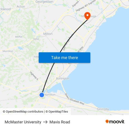 McMaster University to Mavis Road map