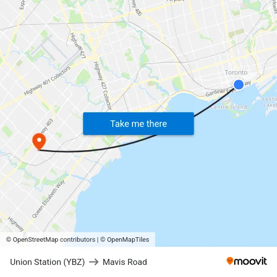 Union Station (YBZ) to Mavis Road map