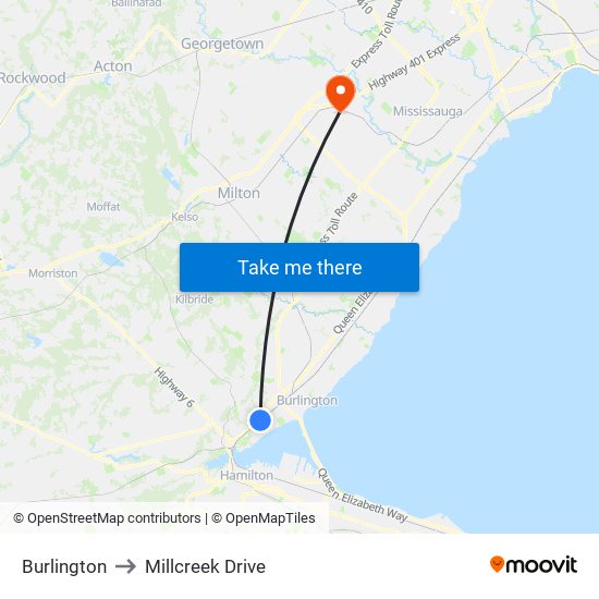 Burlington to Millcreek Drive map