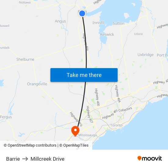 Barrie to Millcreek Drive map