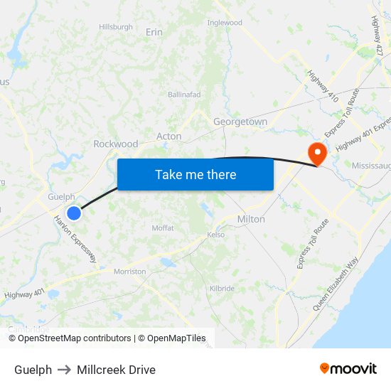 Guelph to Millcreek Drive map