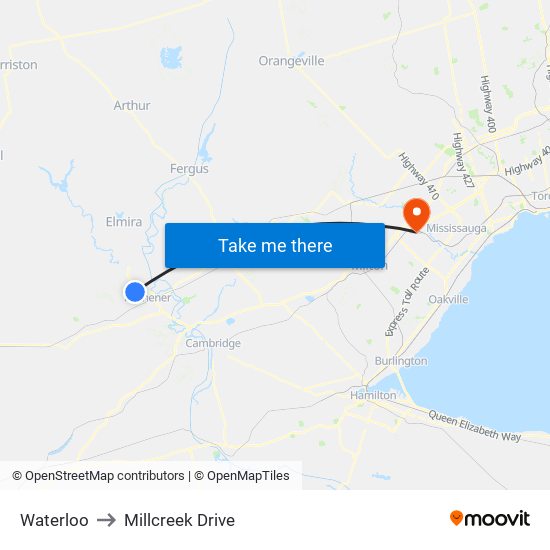 Waterloo to Millcreek Drive map