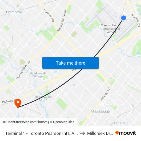 Terminal 1 - Toronto Pearson Int'L Airport to Millcreek Drive map