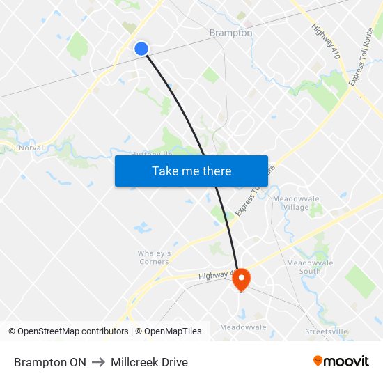 Brampton ON to Millcreek Drive map