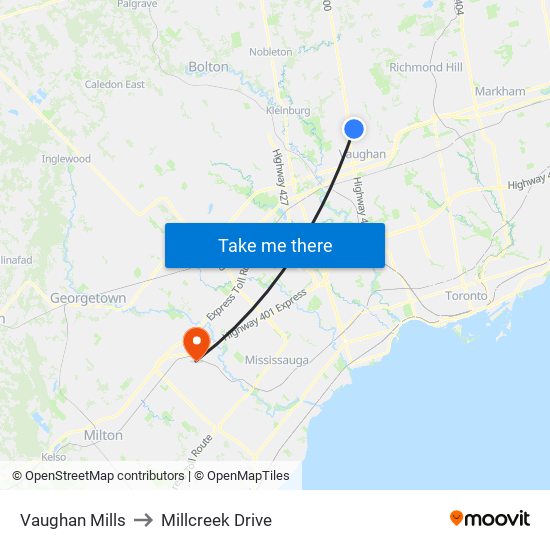 Vaughan Mills to Millcreek Drive map