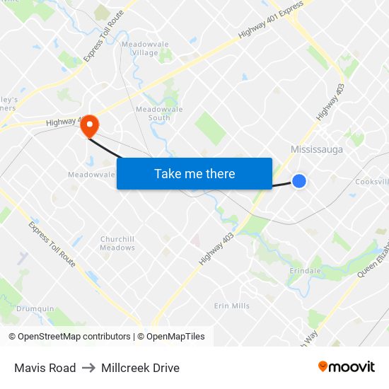 Mavis Road to Millcreek Drive map