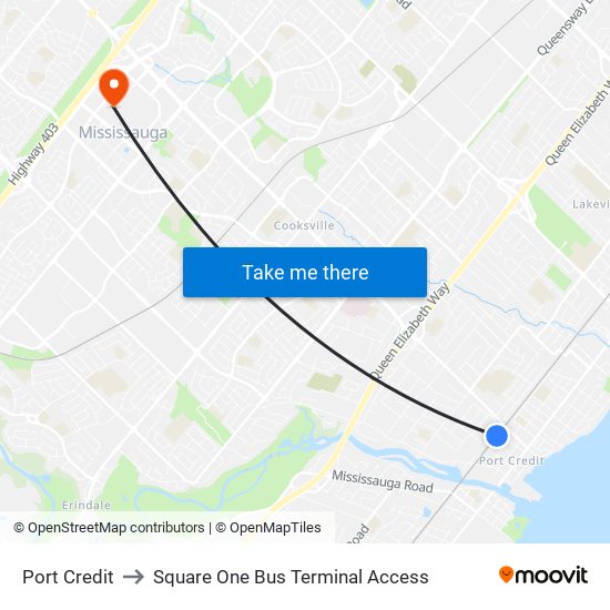 Port Credit to Square One Bus Terminal Access map