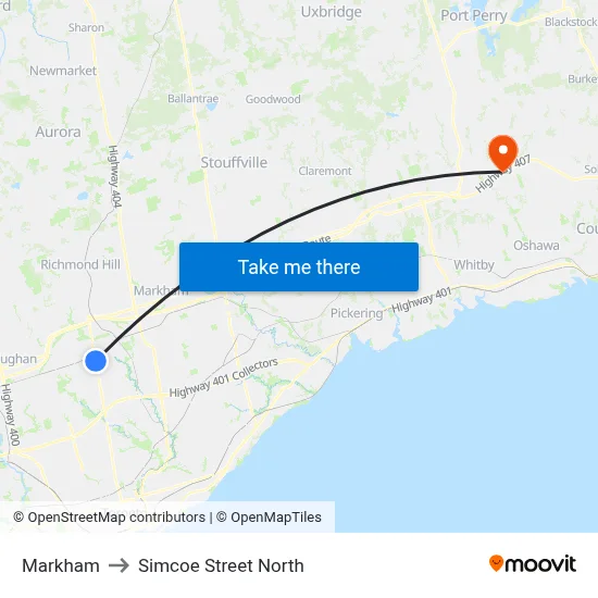 Markham to Simcoe Street North map