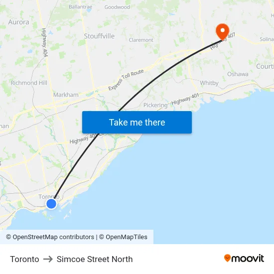 Toronto to Simcoe Street North map