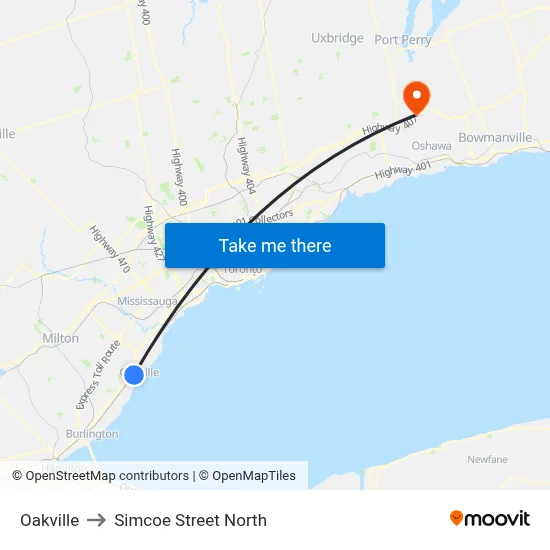 Oakville to Simcoe Street North map