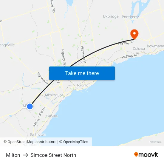 Milton to Simcoe Street North map