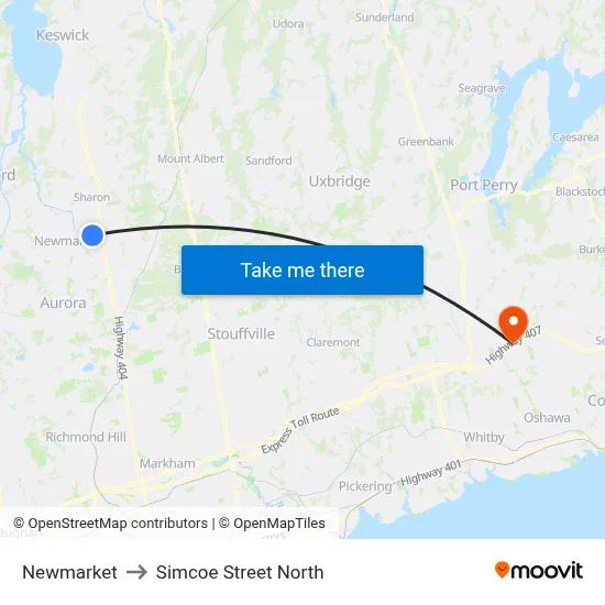 Newmarket to Simcoe Street North map