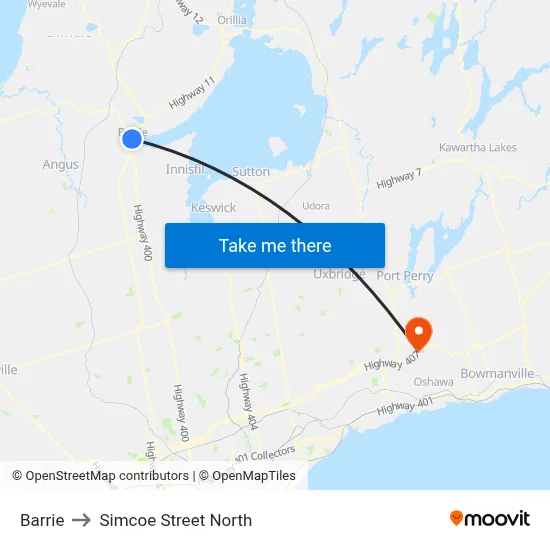 Barrie to Simcoe Street North map