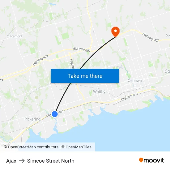 Ajax to Simcoe Street North map