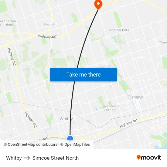Whitby to Simcoe Street North map