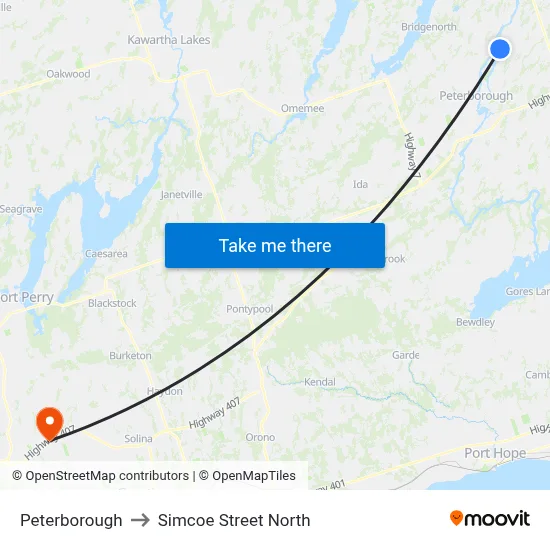Peterborough to Simcoe Street North map