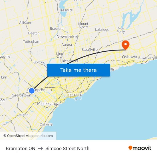 Brampton ON to Simcoe Street North map