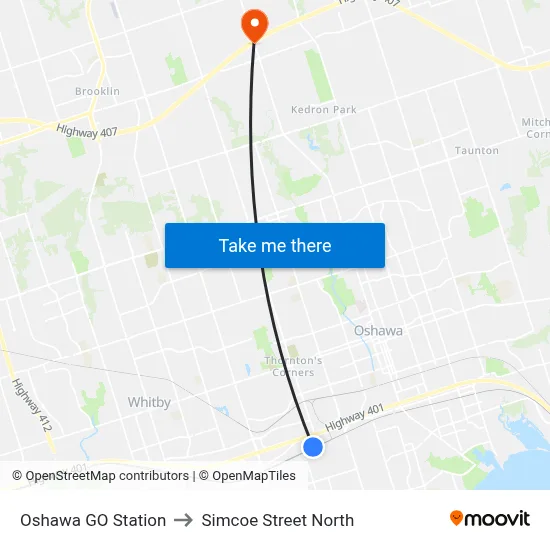 Oshawa GO Station to Simcoe Street North map