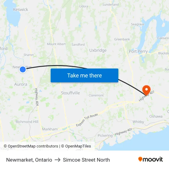 Newmarket, Ontario to Simcoe Street North map