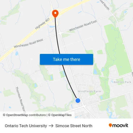 Ontario Tech University to Simcoe Street North map