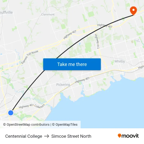 Centennial College to Simcoe Street North map