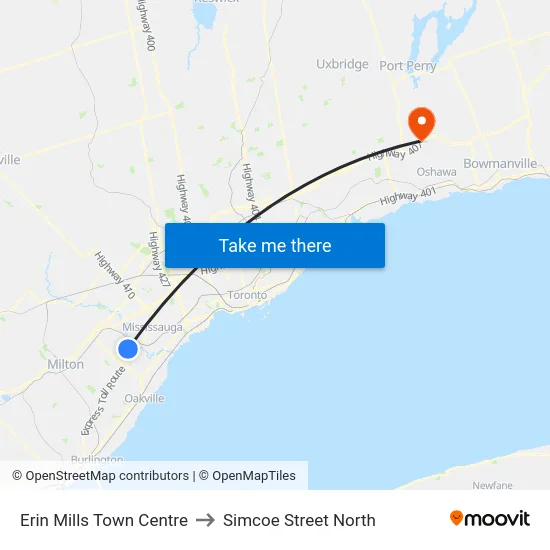 Erin Mills Town Centre to Simcoe Street North map