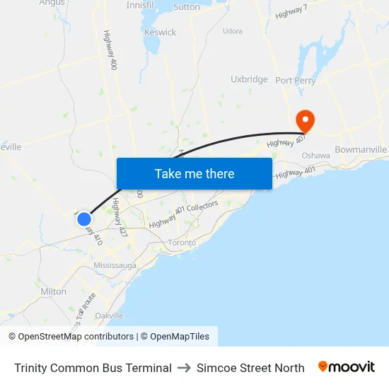 Trinity Common Bus Terminal to Simcoe Street North map