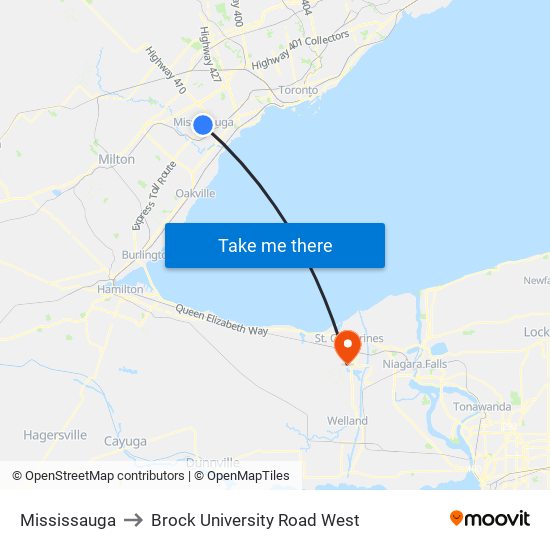 Mississauga to Brock University Road West map
