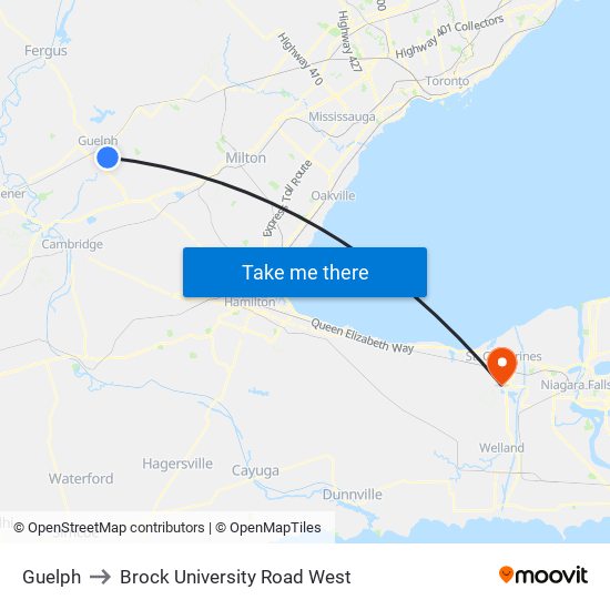 Guelph to Brock University Road West map