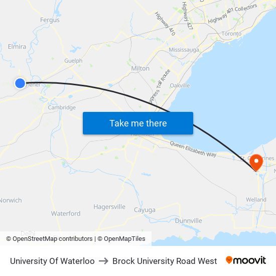 University Of Waterloo to Brock University Road West map