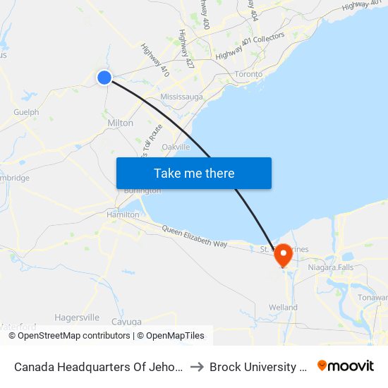 Canada Headquarters Of Jehovah's Witnesses to Brock University Road West map