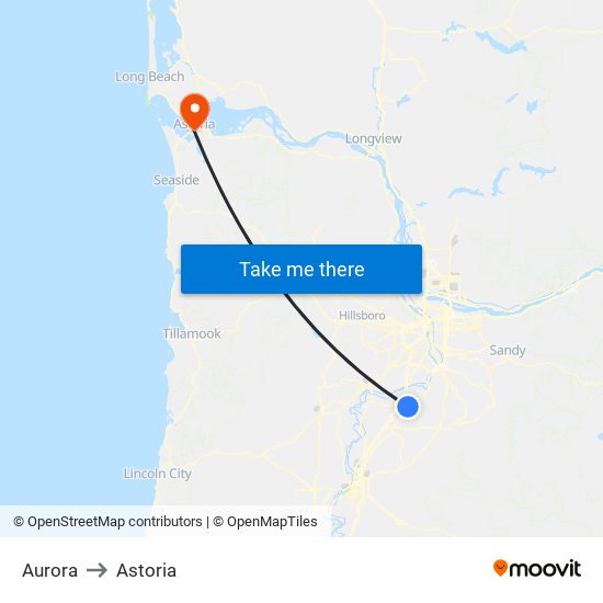 Aurora to Astoria map