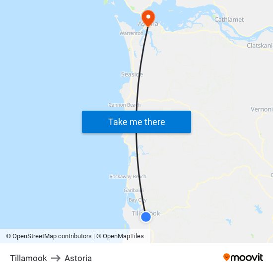 Tillamook to Astoria map